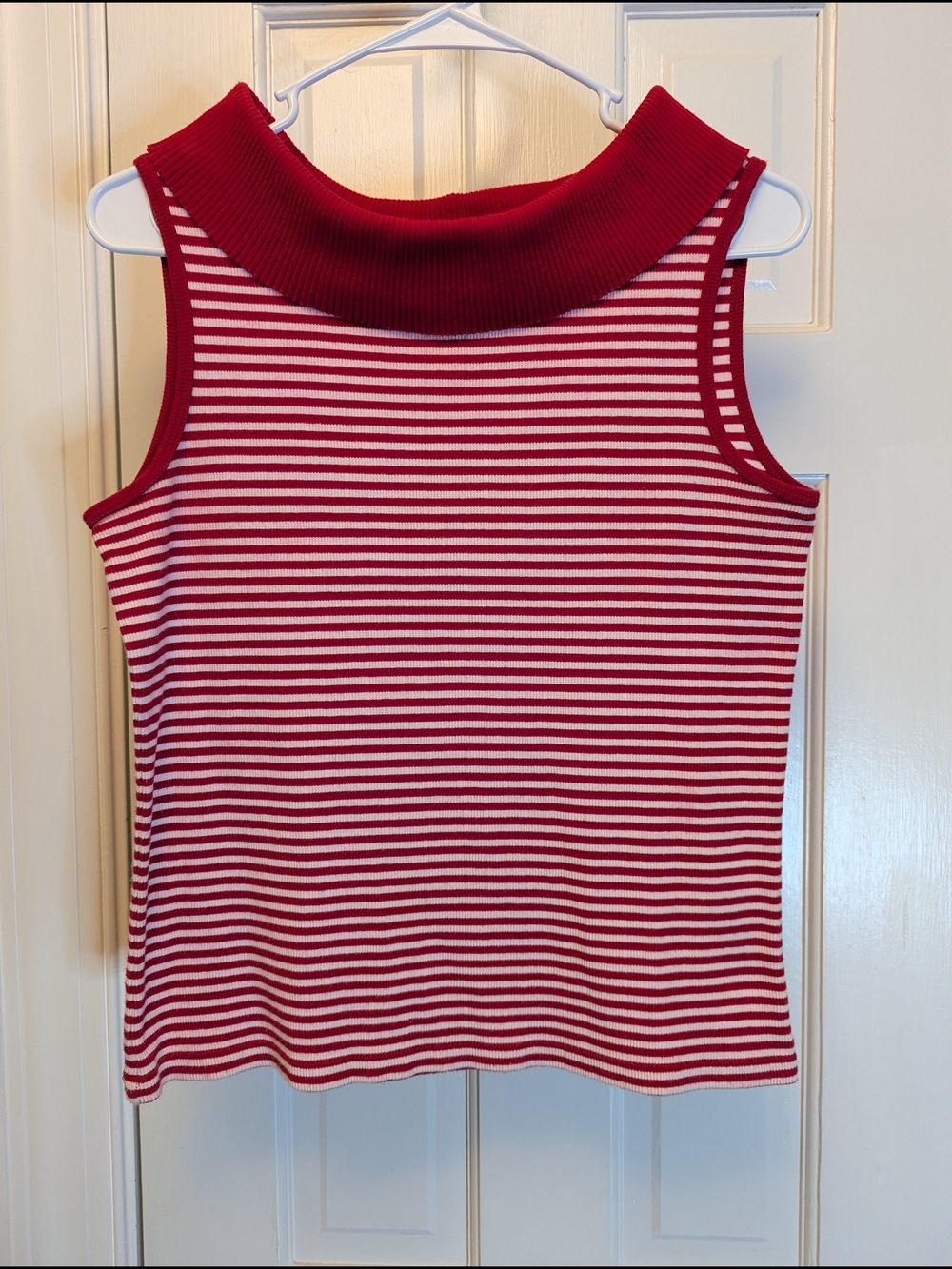 Rafaella Red and White Striped Sleeveless Mock Neck Tank